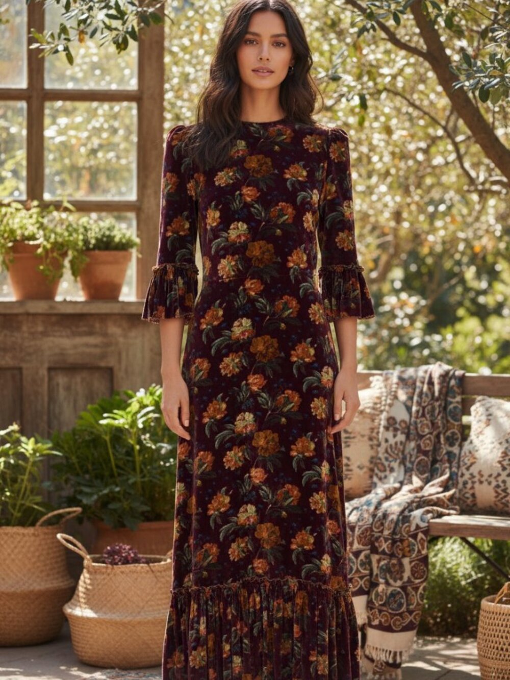 The Vampires Wife Festival Dress S Purple Velvet Floral Ruffle Victorian Prairie